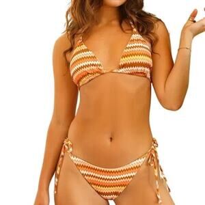 Dippin Daisys Mia Tie Side Cheeky Halter Zig Zag Stripe Bikini Set Size Large